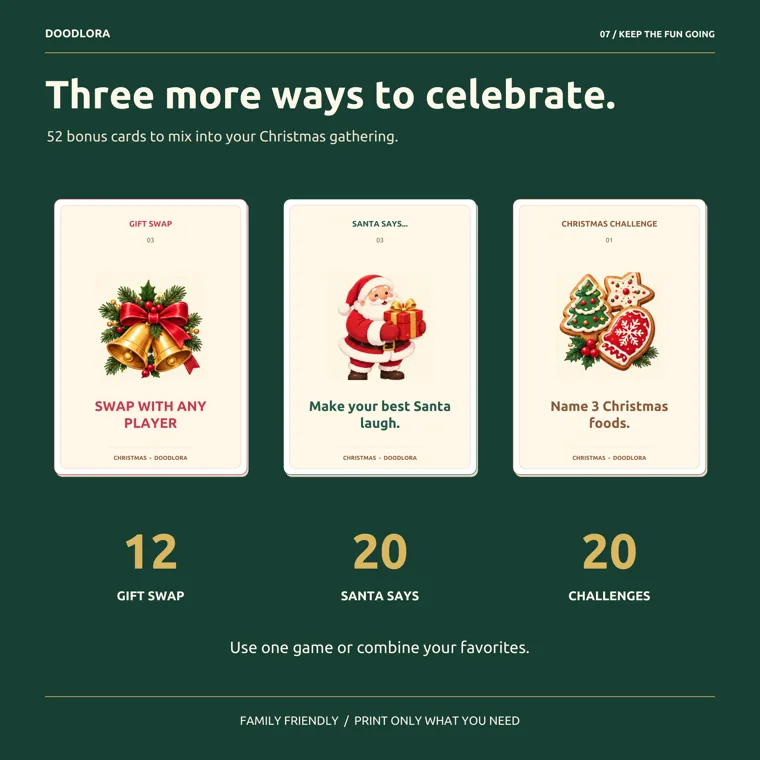 Three bonus card designs on a green background, a Gift Swap card, a Santa Says card and a Christmas Challenge card, above the counts 12, 20 and 20