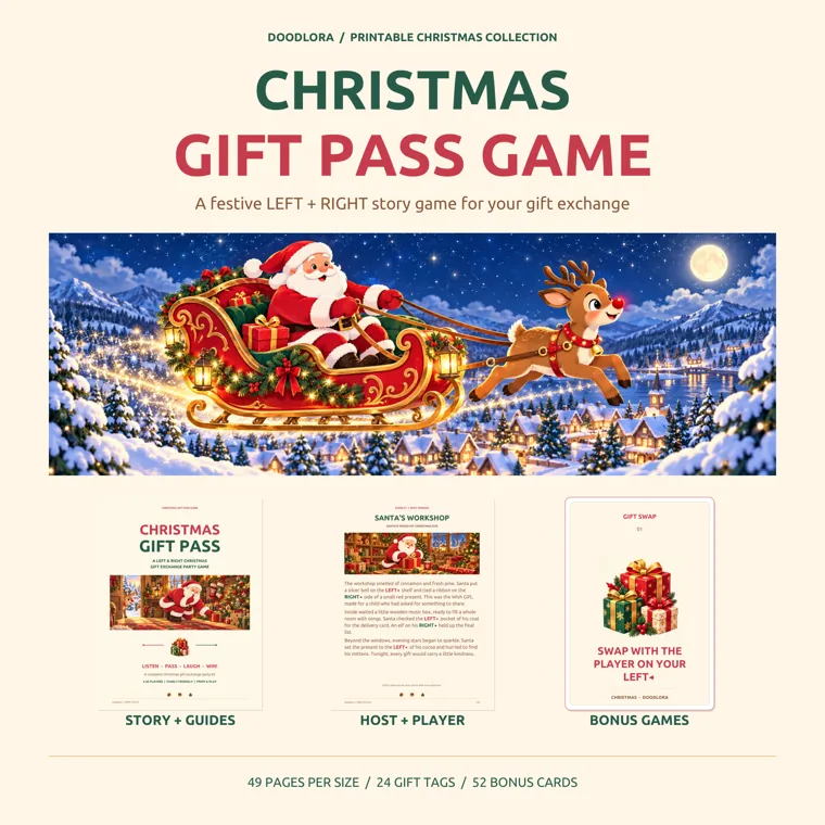 Santa in a red sleigh pulled by a red-nosed reindeer over a snowy village, above the cover, a story page and a gift swap card of a Christmas party game