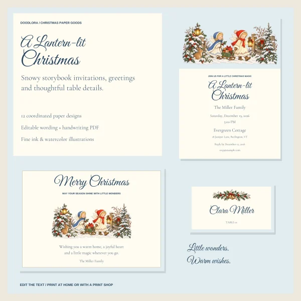 A Lantern-lit Christmas party invitation with two angel children pulling a gift sled, beside a Merry Christmas greeting card and a Clara Miller place card