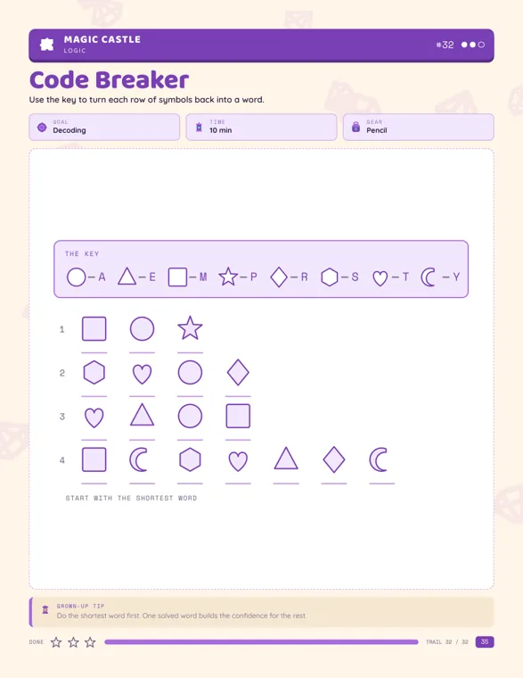 The Code Breaker worksheet with a key of eight symbols for letters and four rows of shapes to decode