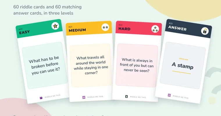 Easy, Medium and Hard Riddle Me This cards next to answer card 21 reading A stamp, under the line 60 riddle cards and 60 matching answer cards
