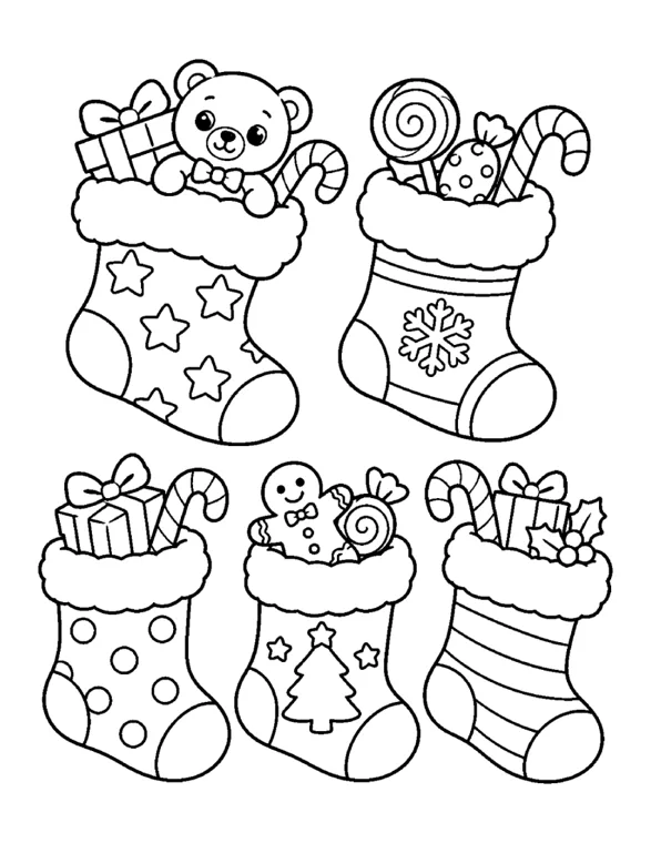 A Christmas coloring page of five stockings holding a teddy bear, candy canes, a lollipop, wrapped gifts and a gingerbread person