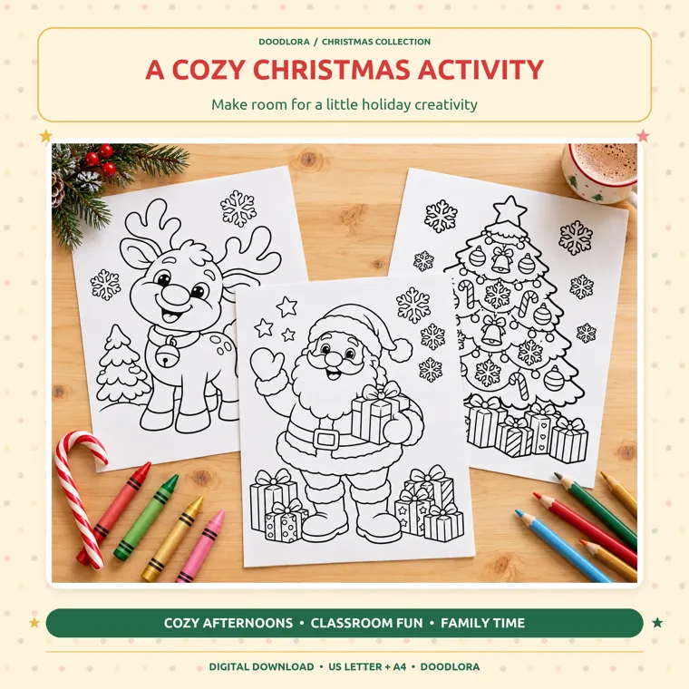 Printed reindeer, Santa and Christmas tree coloring pages on a wooden table with crayons, colored pencils and a candy cane