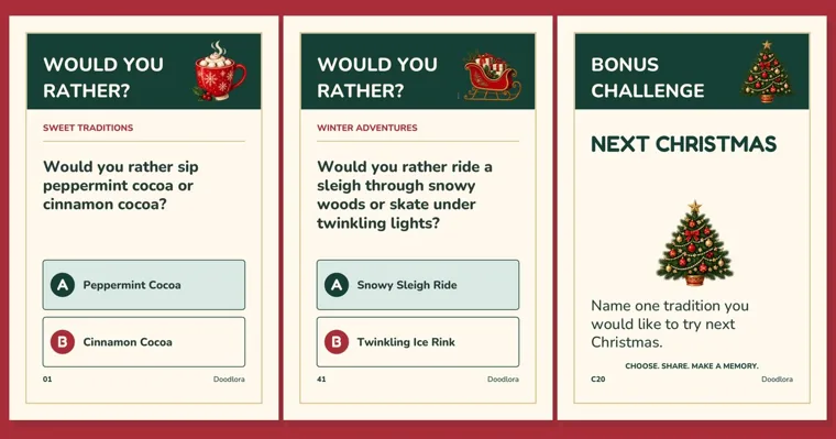 Three Christmas would you rather cards on a red background, asking peppermint or cinnamon cocoa, a sleigh ride or a twinkling ice rink, and a Next Christmas bonus challenge