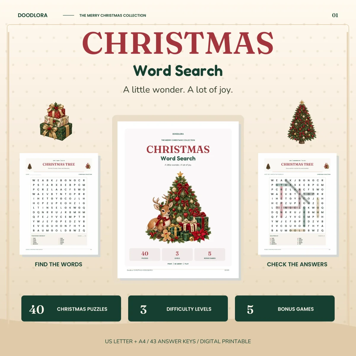 Christmas Word Search cover with a decorated tree, a resting deer and gifts, flanked by the Christmas Tree puzzle and its answer page