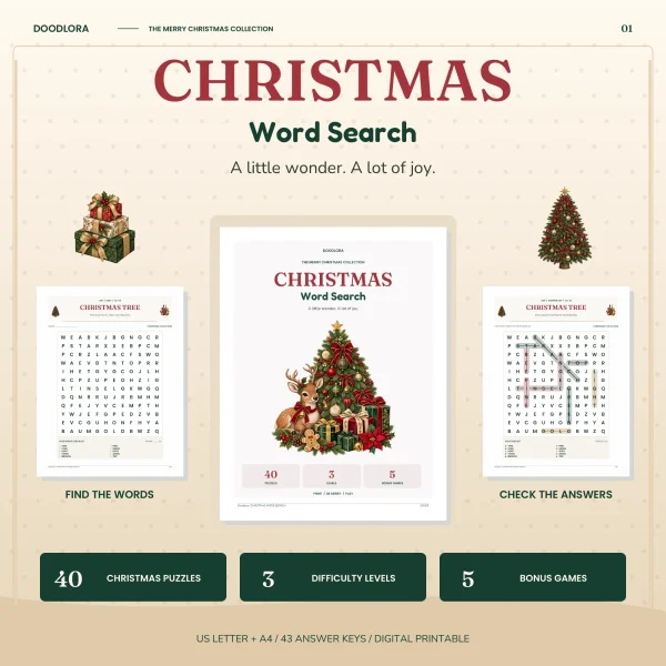 Christmas Word Search cover with a decorated tree, a resting deer and gifts, flanked by the Christmas Tree puzzle and its answer page