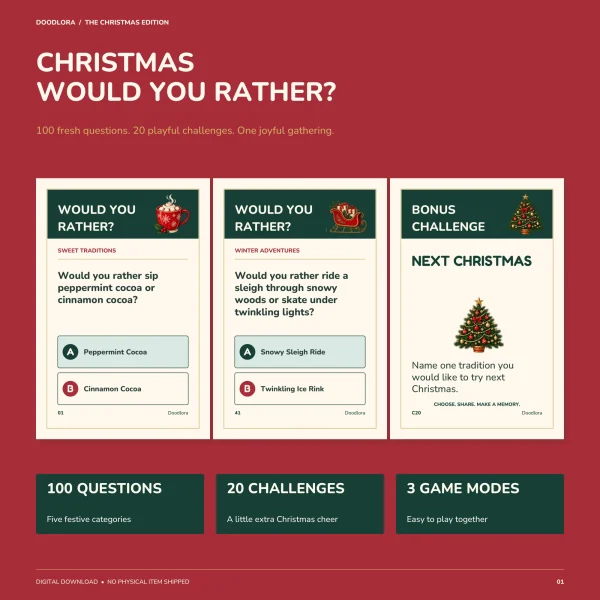 Three red and green cards, peppermint or cinnamon cocoa, a sleigh ride or skating, and the Next Christmas bonus challenge