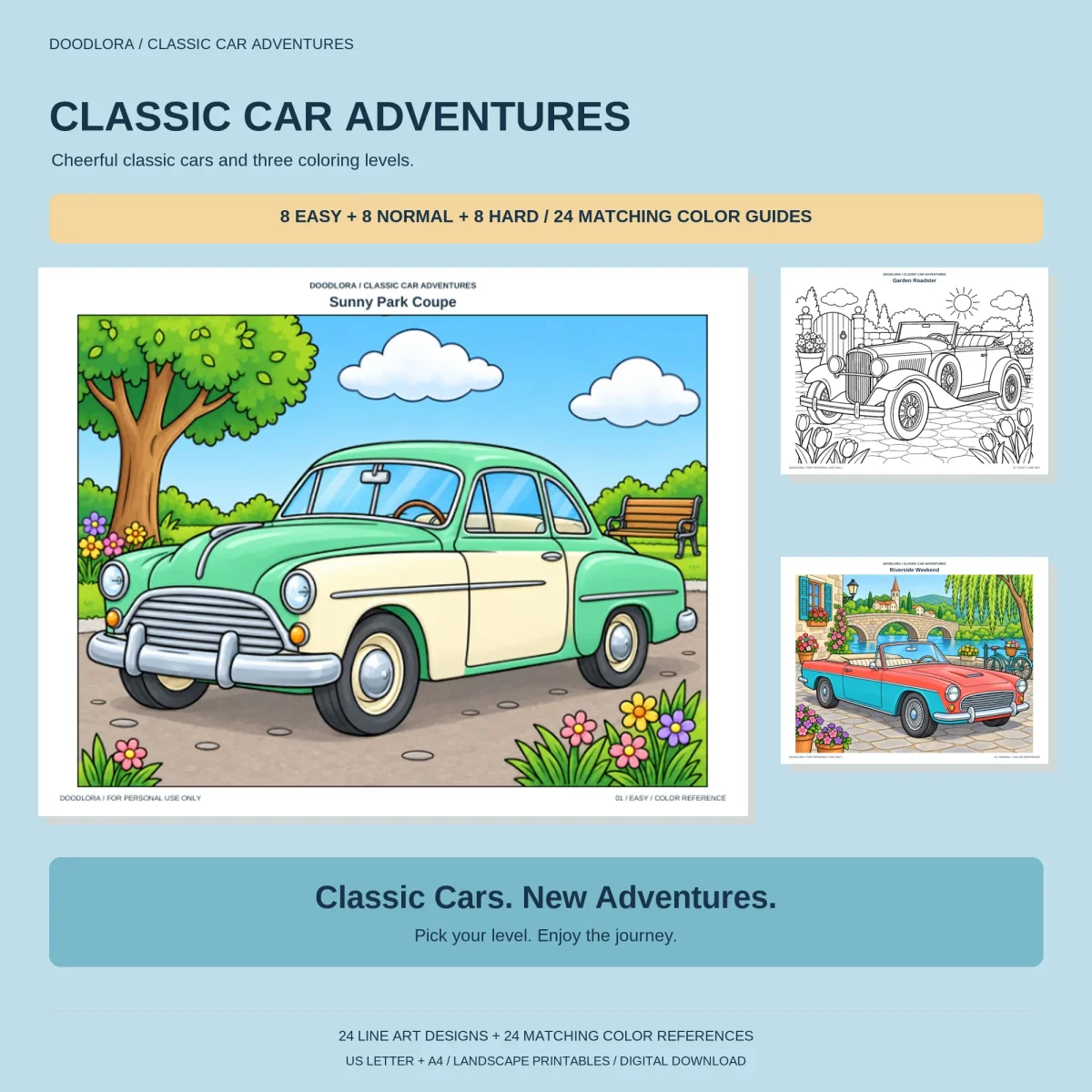Classic Car Adventures cover with a mint and cream coupe by a park bench, a roadster outline, and a red and blue convertible by a stone bridge