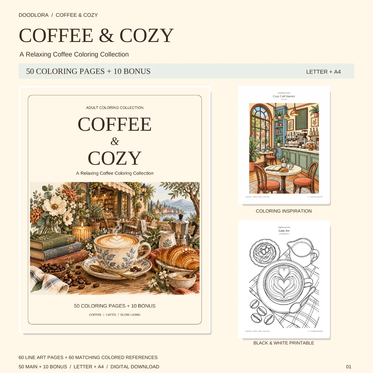 Coffee & Cozy cover with a latte, croissants and books on a terrace by a lake, beside the colored Cozy Café Interior page and the Latte Art outline