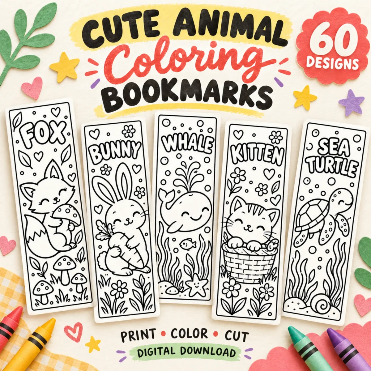 Five black and white animal bookmarks to color, a fox, bunny, whale, kitten and sea turtle, each under its name in bubble letters, with crayons around them