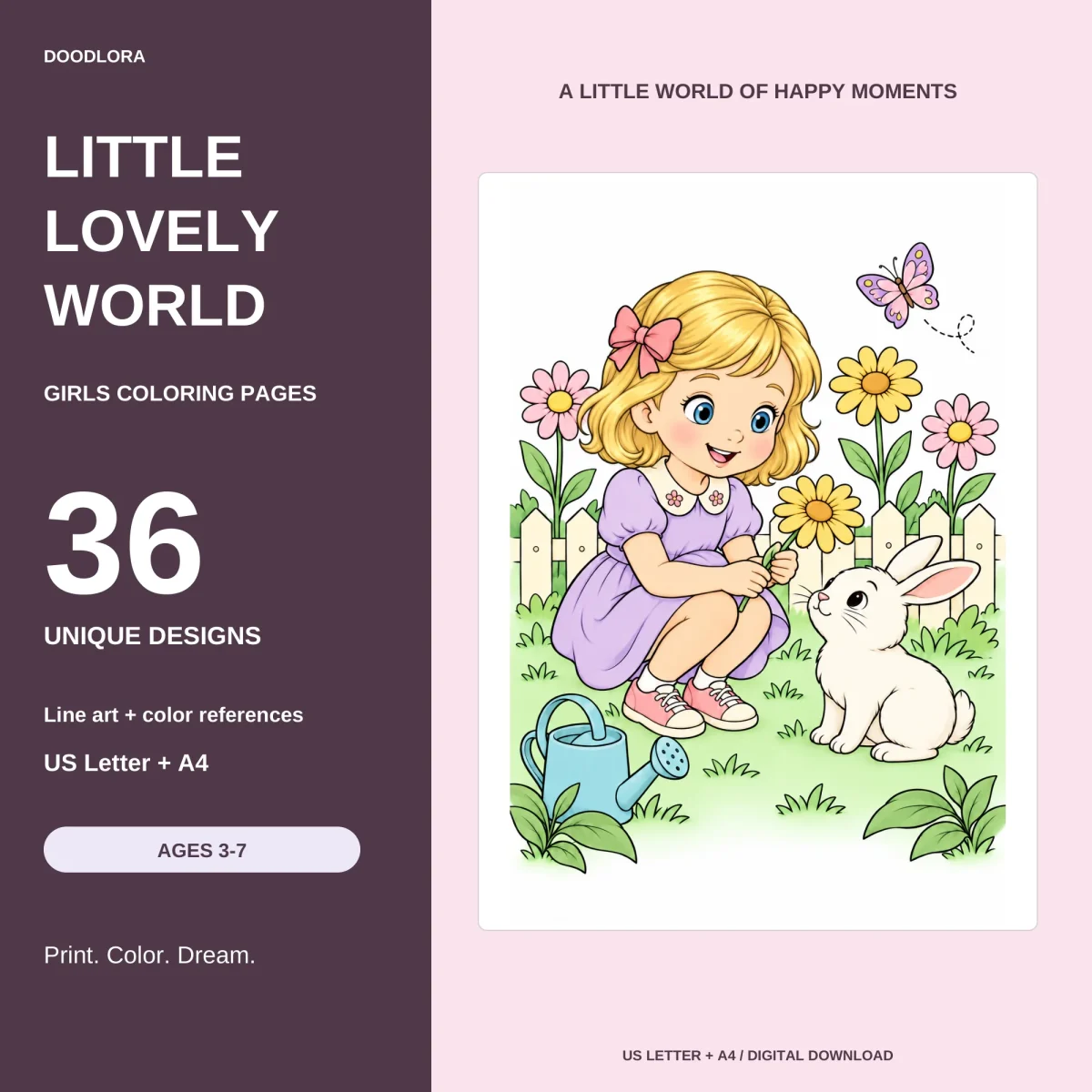 Little Lovely World title panel with the number 36 and an ages 3-7 badge, next to a colored page of a girl crouching by a white bunny among flowers