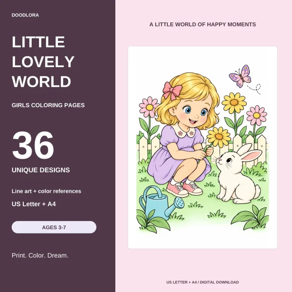 Little Lovely World title panel with the number 36 and an ages 3-7 badge, next to a colored page of a girl crouching by a white bunny among flowers