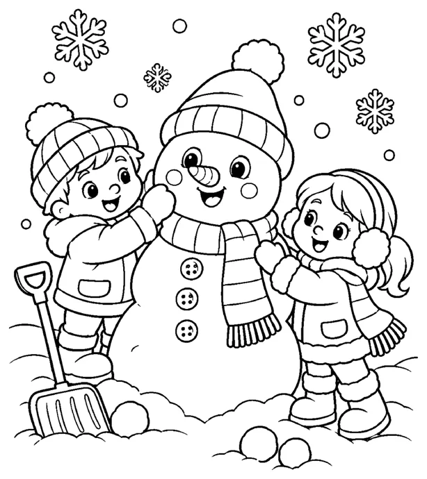 Coloring page of two children in knit hats and winter coats building a smiling snowman, with a shovel, snowballs and snowflakes around them