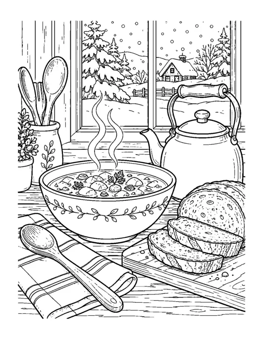 Winter coloring page of a bowl of soup and sliced bread on a wooden table, with a kettle, spoons and a snowy cabin outside the window
