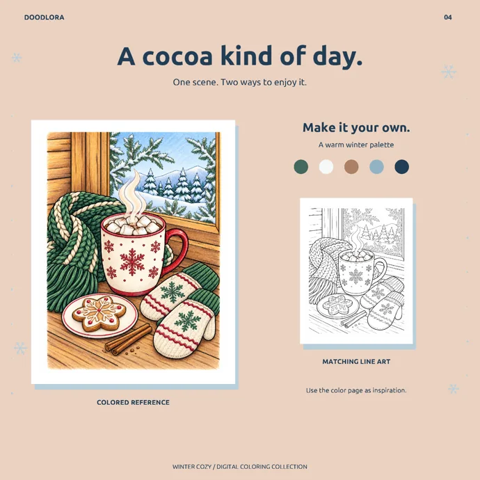 Colored winter scene of cocoa with marshmallows, a knitted scarf, mittens and a star cookie by a snowy window, beside its line art and five palette dots
