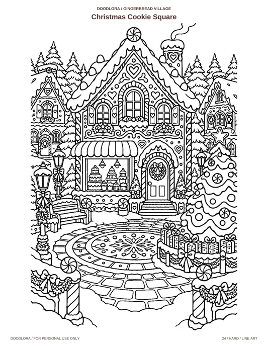 Hard gingerbread coloring page titled Christmas Cookie Square: a house with a cake shop window, a round plaza with a snowflake mosaic, a decorated tree and presents