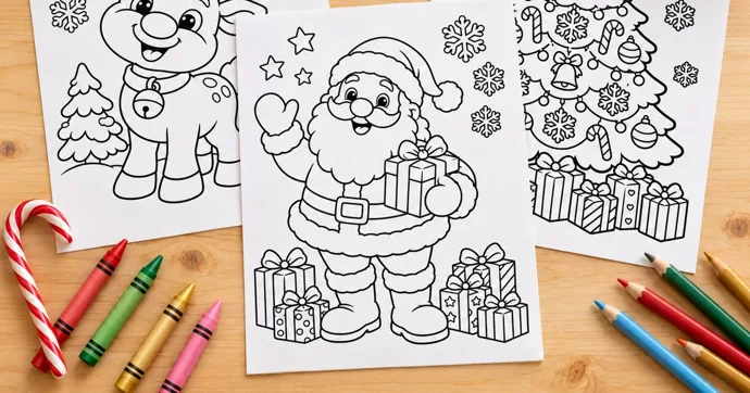 Printed Santa, reindeer and Christmas tree coloring pages on a wooden table with four crayons on one side and five colored pencils on the other