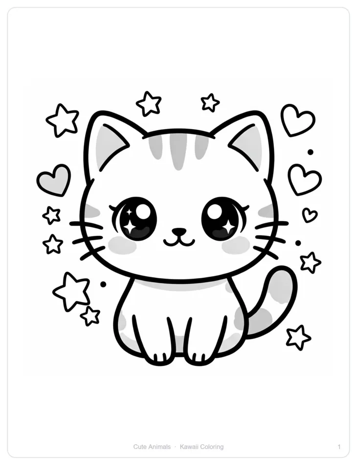 Coloring page of a kitten with big starry eyes surrounded by stars and hearts, drawn with thick black outlines, with light gray stripes on its head and gray patches on its tail