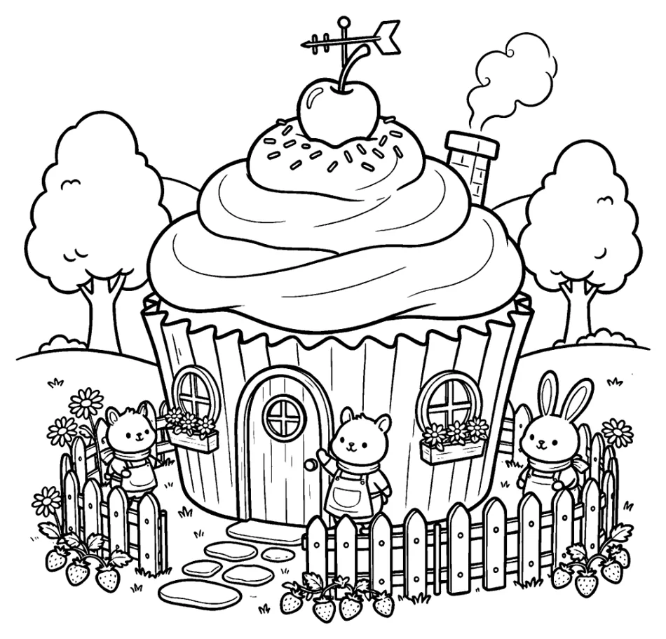 Coloring page of a cupcake-shaped house with a cherry weathervane, a picket fence, strawberries, daisies and three small animals around the door and fence, drawn in thin black lines