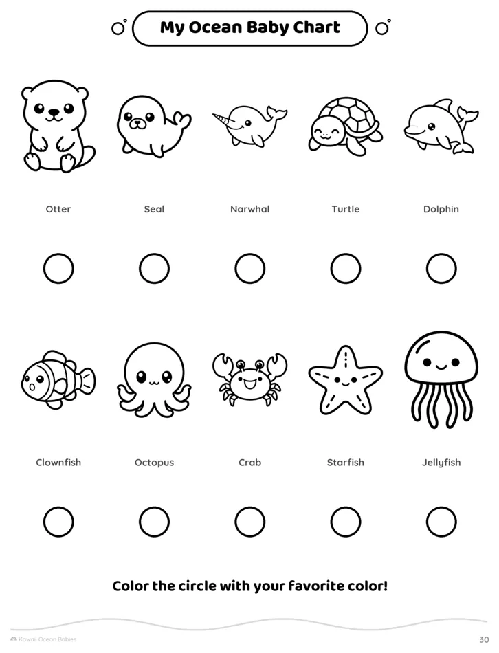 Chart page titled My Ocean Baby Chart with ten small sea animals, from an otter and a seal to a starfish and a jellyfish, each above an empty circle