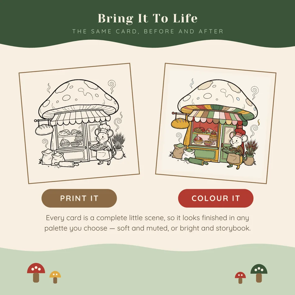 Mushroom Village bakery card shown twice, first in black and white and then colored, with a striped awning in red, green and yellow and a pale mushroom roof
