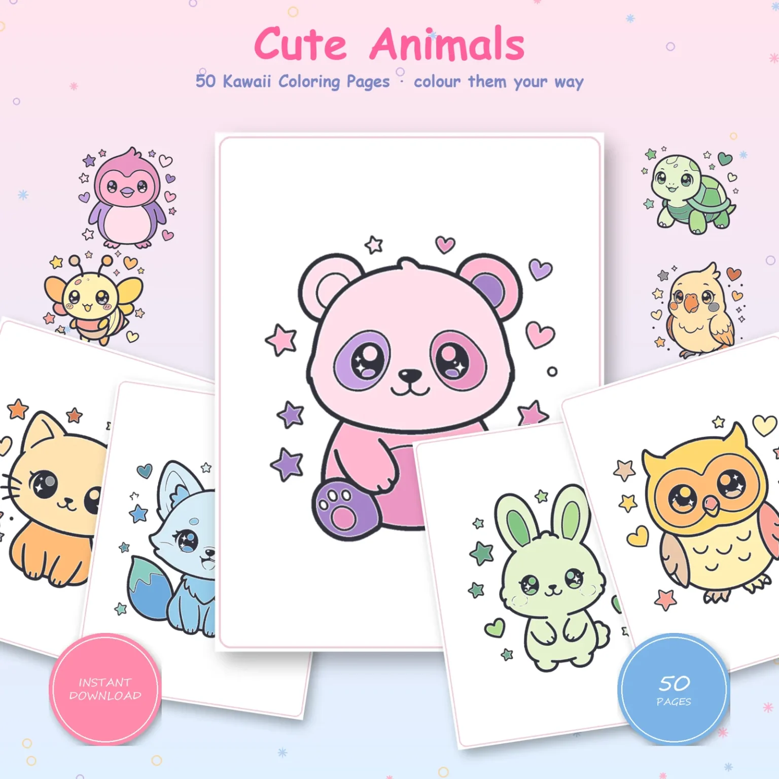 A colored kawaii panda page in the center, surrounded by colored cat, fox, bunny and owl pages, with a badge reading 50 pages
