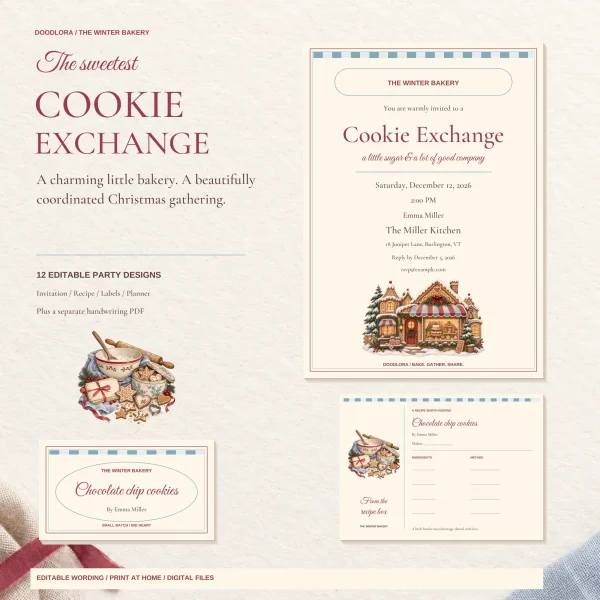 Cookie Exchange invitation with a snowy gingerbread bakery under a striped awning, next to a recipe sharing card and a chocolate chip cookies display label