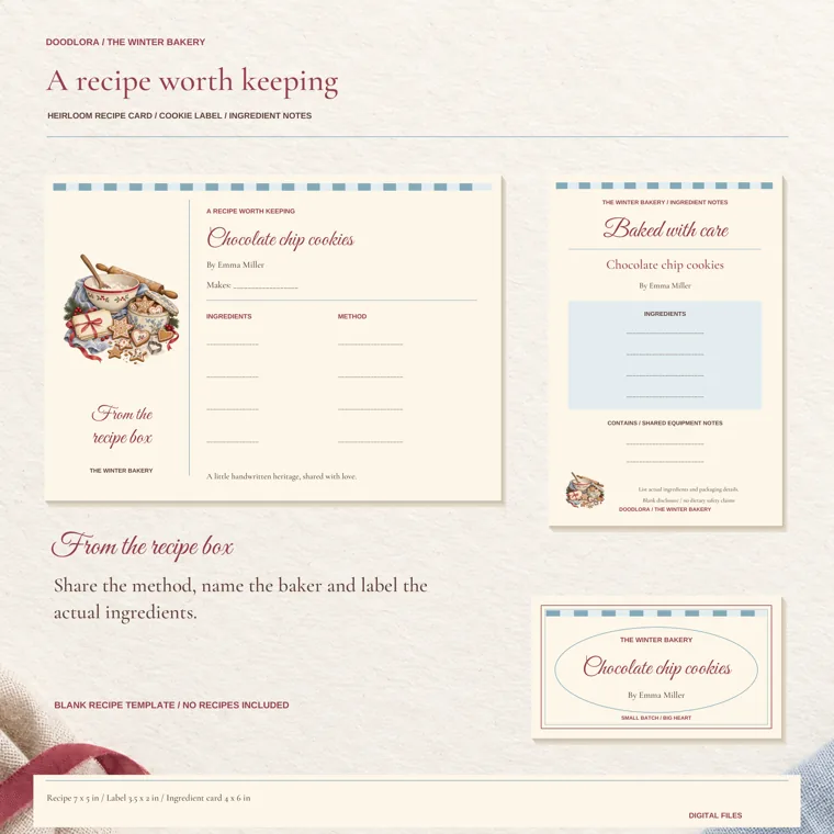 A landscape recipe card with ingredient and method lines, an ingredient notes card and a cookie display label