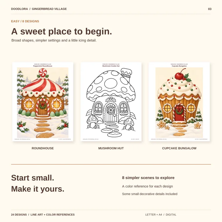 Three Easy gingerbread designs: a peppermint-roofed roundhouse in color, a mushroom cookie hut outline and a cupcake-shaped house in color