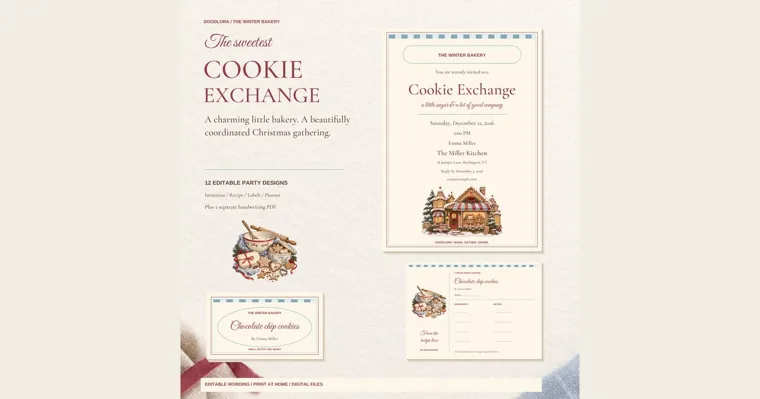 Cookie exchange invitation with a snowy gingerbread bakery under a striped awning, a bowl of baking tools and cookies, and a chocolate chip cookies recipe card