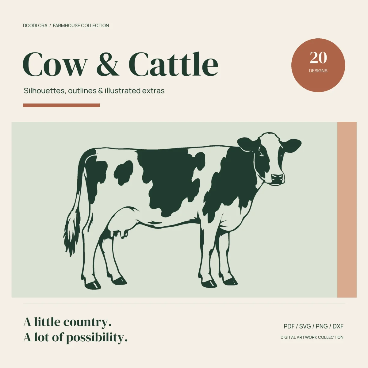 The illustrated standing Holstein in dark green with large patches, a tufted tail and an udder, under the title Cow and Cattle, 20 designs