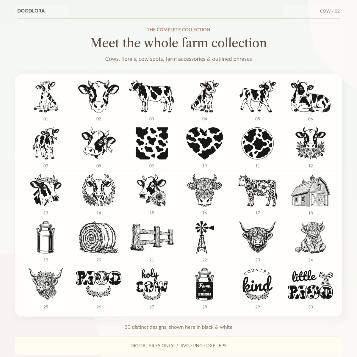 All 30 cow designs in a numbered grid, including calves, cow-spot shapes, floral cow heads, a barn, a milk can, a hay bale, Highland cows and five word designs