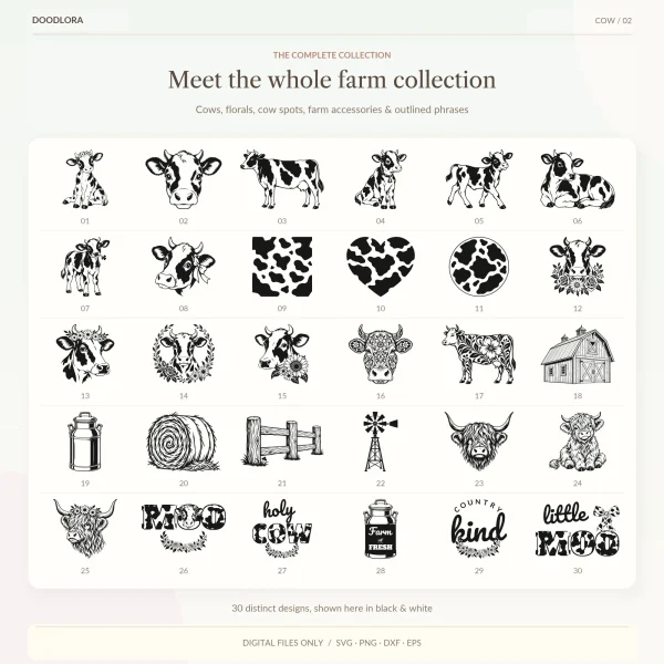 All 30 cow designs in a numbered grid, including calves, cow-spot shapes, floral cow heads, a barn, a milk can, a hay bale, Highland cows and five word designs