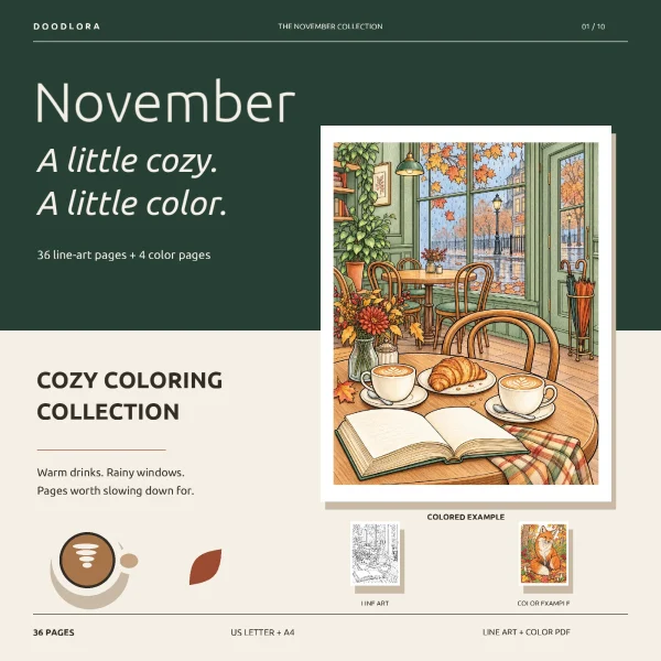 Colored rainy cafe page with two lattes, a croissant and an open book, beside small line-art and colored fox thumbnails