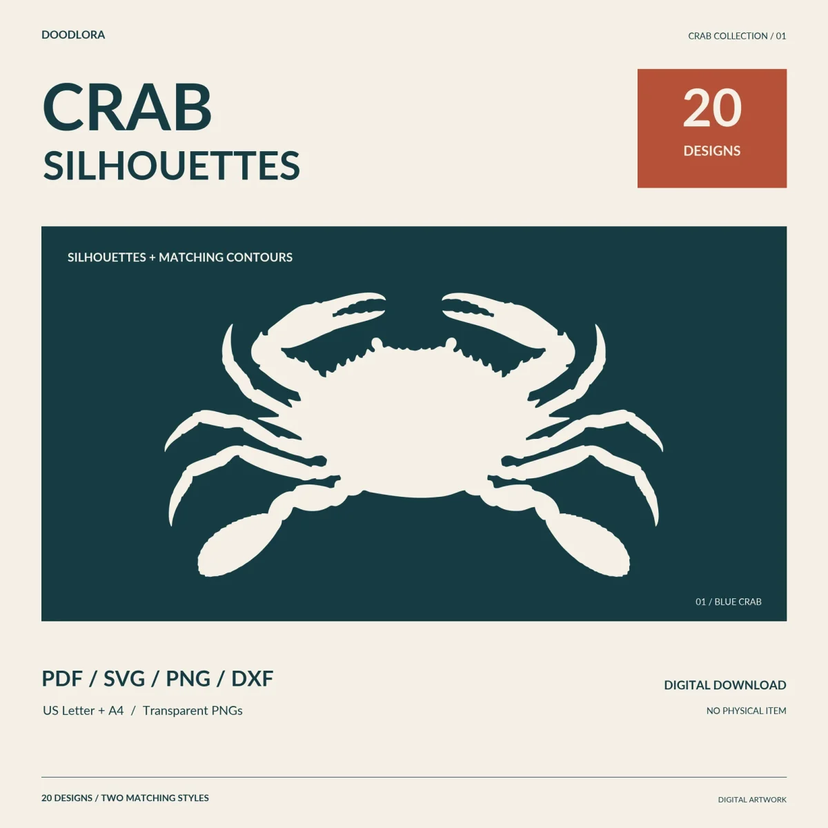 A cream blue crab silhouette with paddle-shaped back legs on a dark teal panel, under the title Crab Silhouettes, 20 designs, PDF, SVG, PNG and DXF