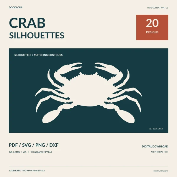 A cream blue crab silhouette with paddle-shaped back legs on a dark teal panel, under the title Crab Silhouettes, 20 designs, PDF, SVG, PNG and DXF