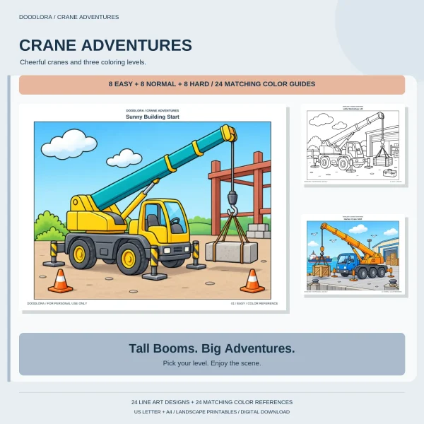 Crane Adventures cover with a yellow crane truck and teal boom lifting a concrete block between cones, plus a workshop outline and a harbor page