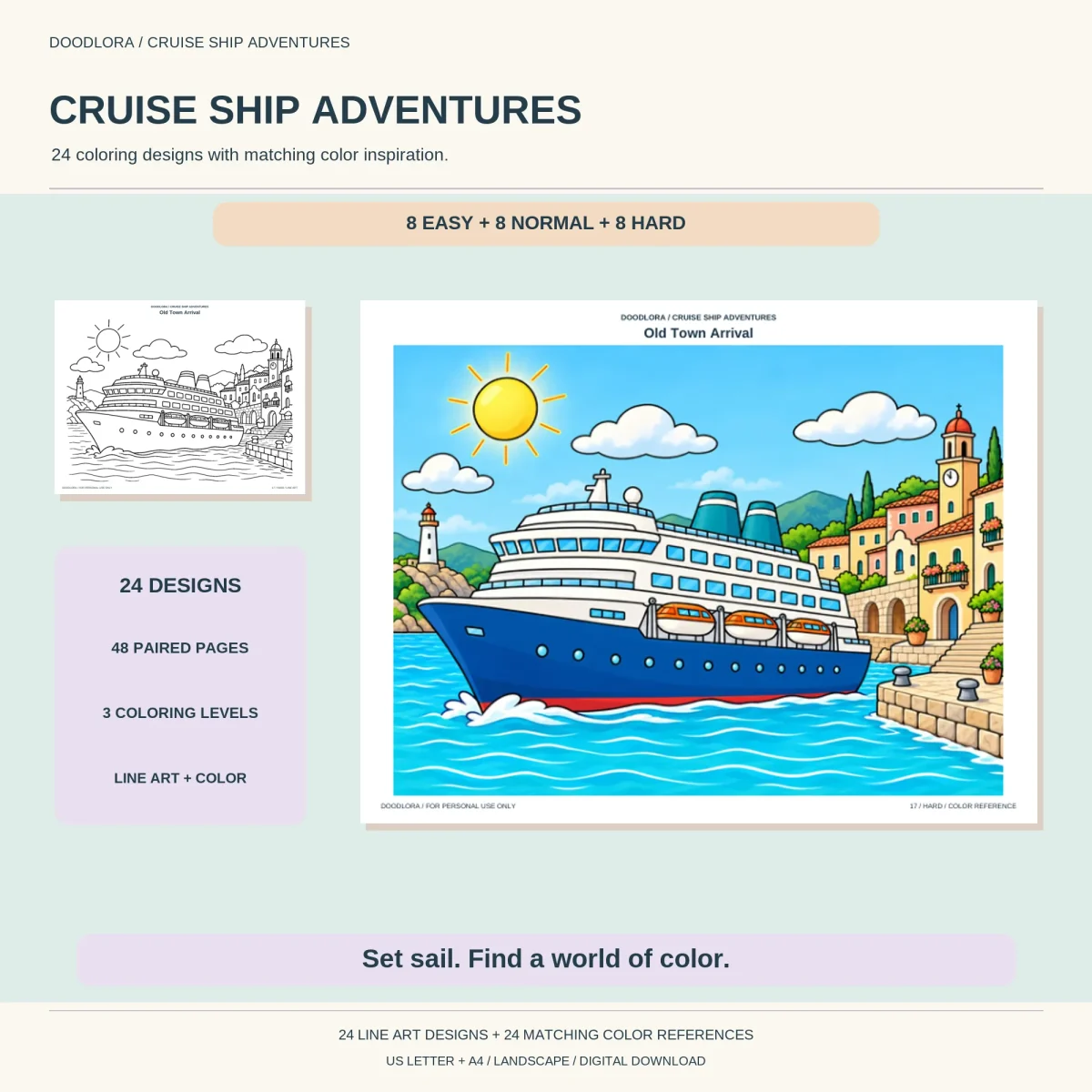 Cruise Ship Adventures cover with a navy-hulled ship arriving at an old town harbor with a clock tower, and labels for 24 designs, 48 paired pages and 3 levels