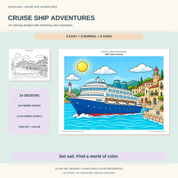 Cruise Ship Adventures cover with a navy-hulled ship arriving at an old town harbor with a clock tower, and labels for 24 designs, 48 paired pages and 3 levels