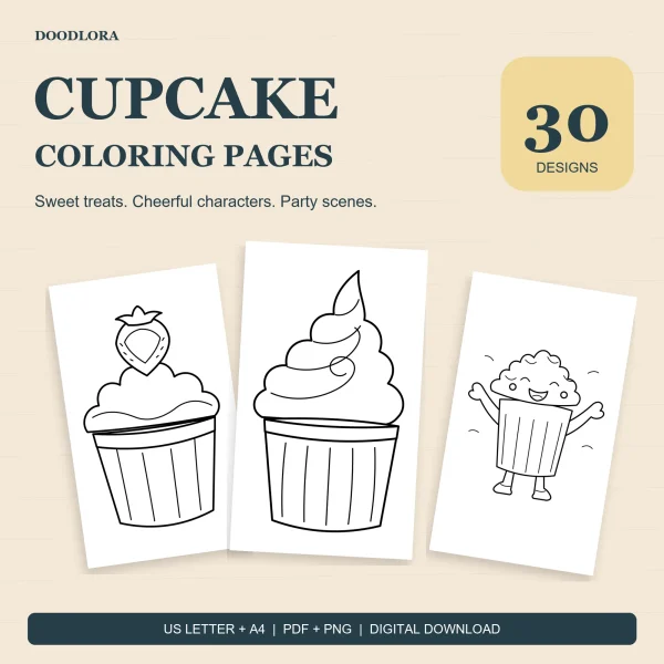 Three cupcake coloring pages fanned out, a strawberry-topped cupcake, a tall swirl cupcake and a cupcake character cheering with both arms up