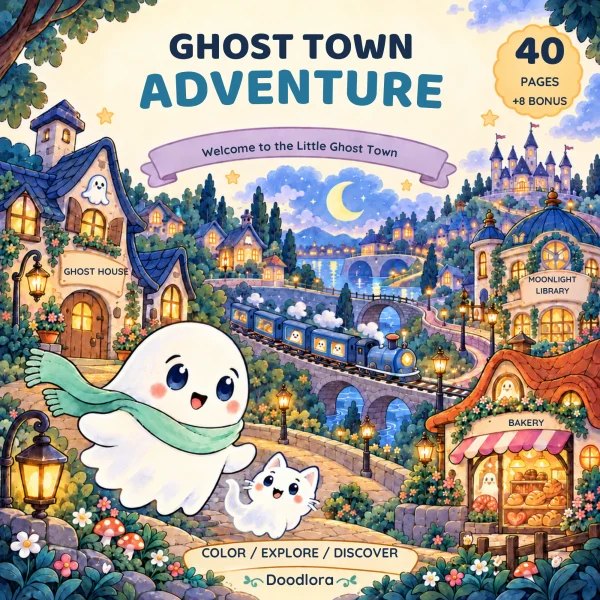 Ghost Town Adventure title art with a smiling ghost in a mint scarf and a white cat on a lamplit street, a bakery, a library and a train on a bridge