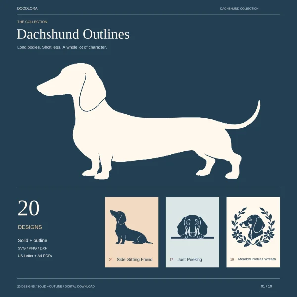 Large cream dachshund silhouette standing side-on on navy, above small panels of a sitting dachshund, a dachshund peeking over a ledge and a wreath portrait