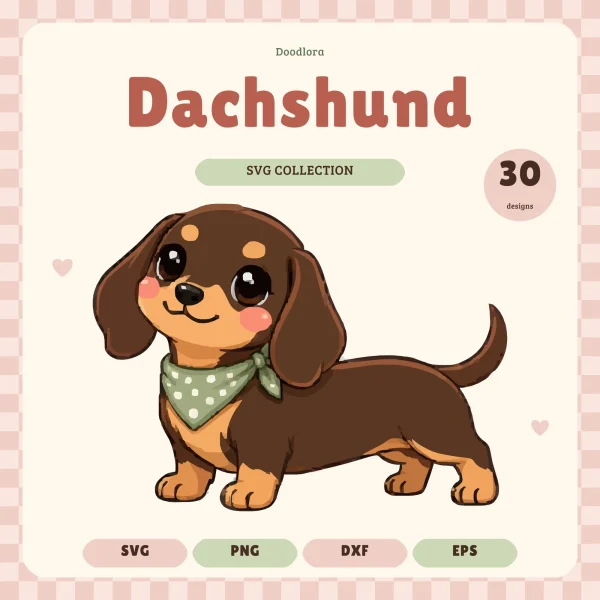 Cartoon chocolate-and-tan dachshund in a green polka-dot bandana under the word Dachshund, with SVG, PNG, DXF and EPS labels