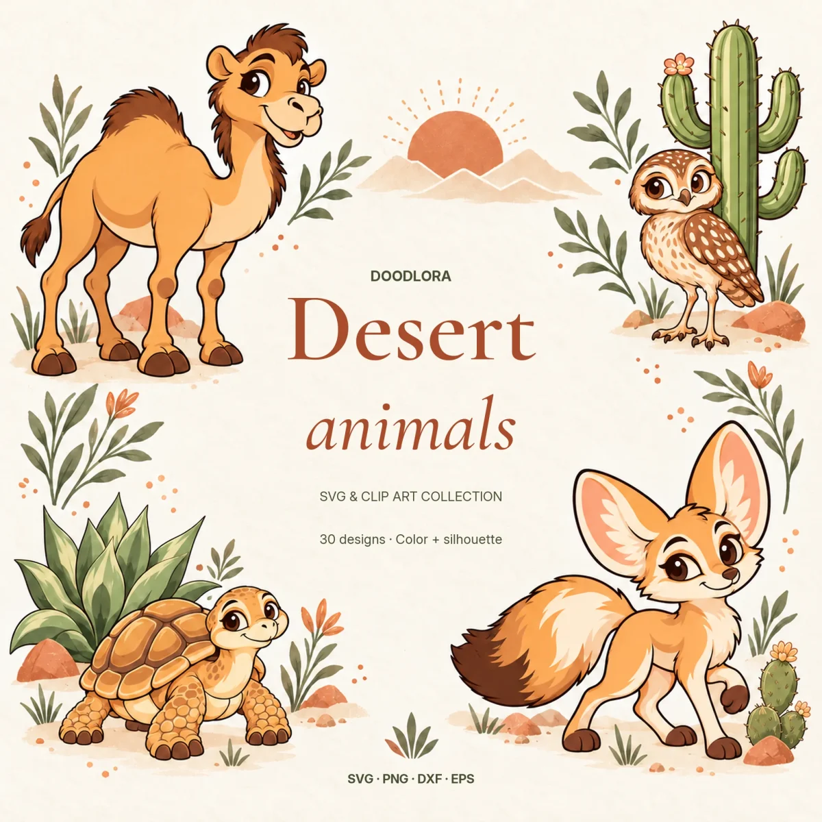 Cover art with a cartoon camel, a burrowing owl by a saguaro, a desert tortoise beside an agave and a fennec fox around the words Desert animals