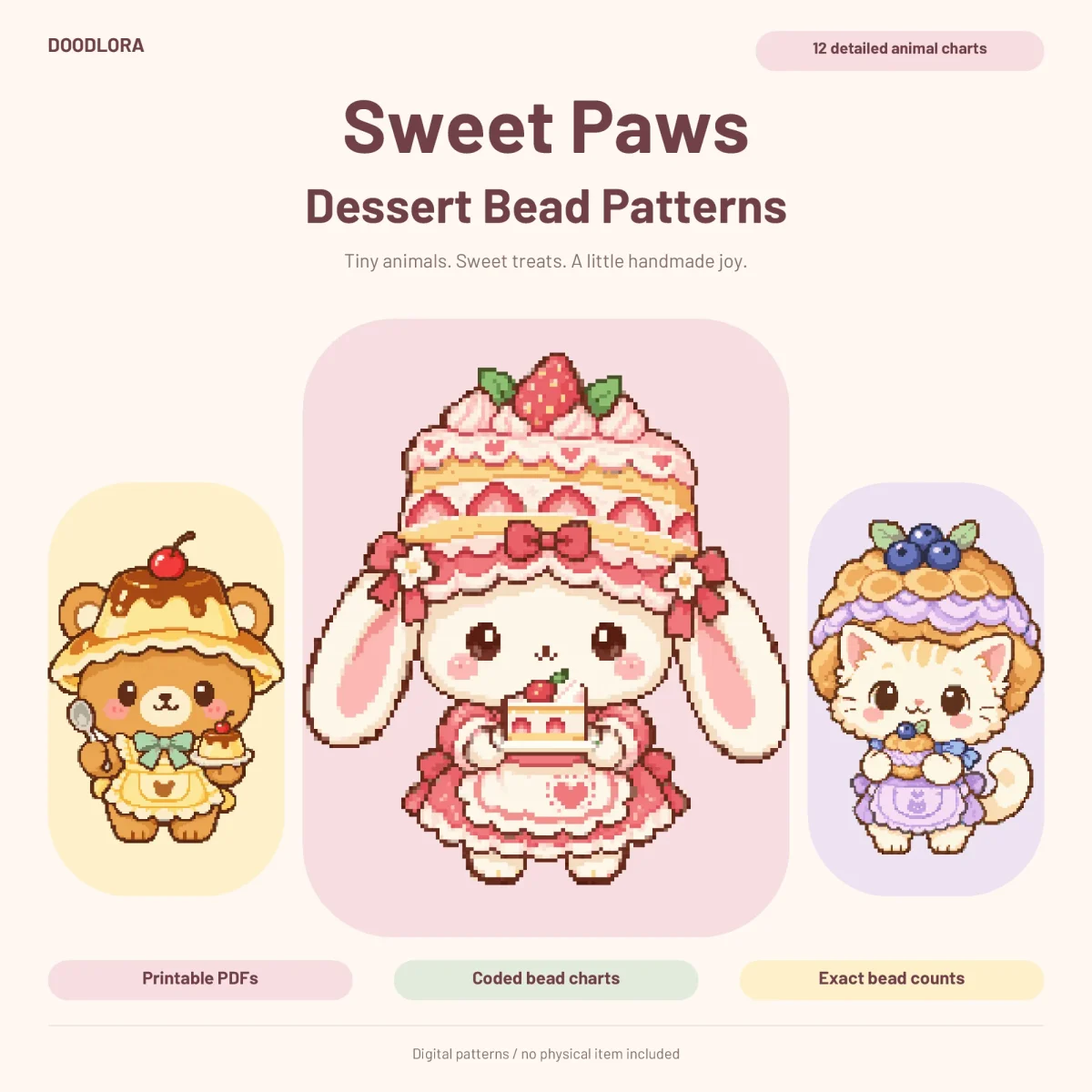 A bunny wearing a strawberry layer cake as a hat between a bear in a caramel pudding hat and a cat under a blueberry cream puff
