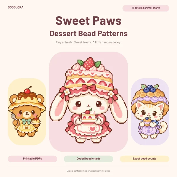A bunny wearing a strawberry layer cake as a hat between a bear in a caramel pudding hat and a cat under a blueberry cream puff