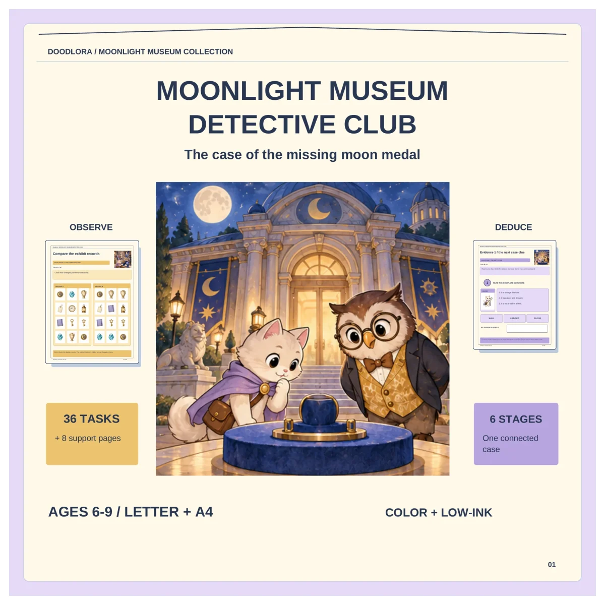 Moonlight Museum Detective Club cover art of a caped cat and an owl beside an empty display stand at night, with two sample clue pages
