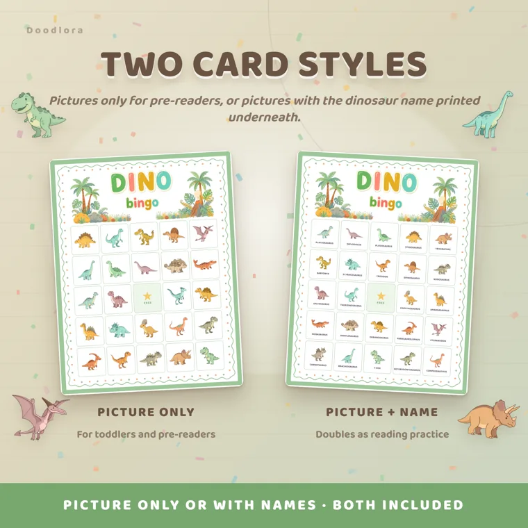 A picture-only dinosaur bingo card beside one with names such as Plateosaurus, Troodon and Heterodontosaurus