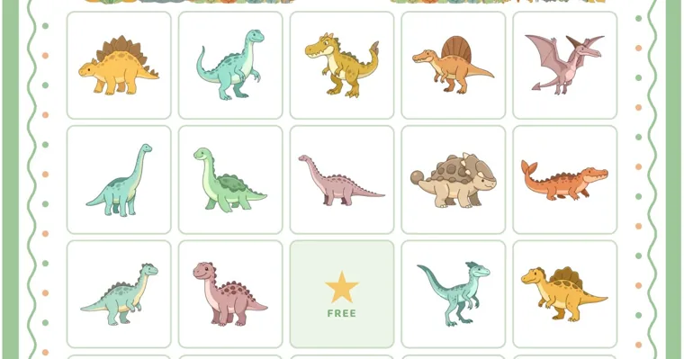 Three rows of a picture-only dinosaur bingo card with a stegosaurus, a pteranodon, long-necked dinosaurs, a spiky ankylosaurus and a gold star in the free middle square