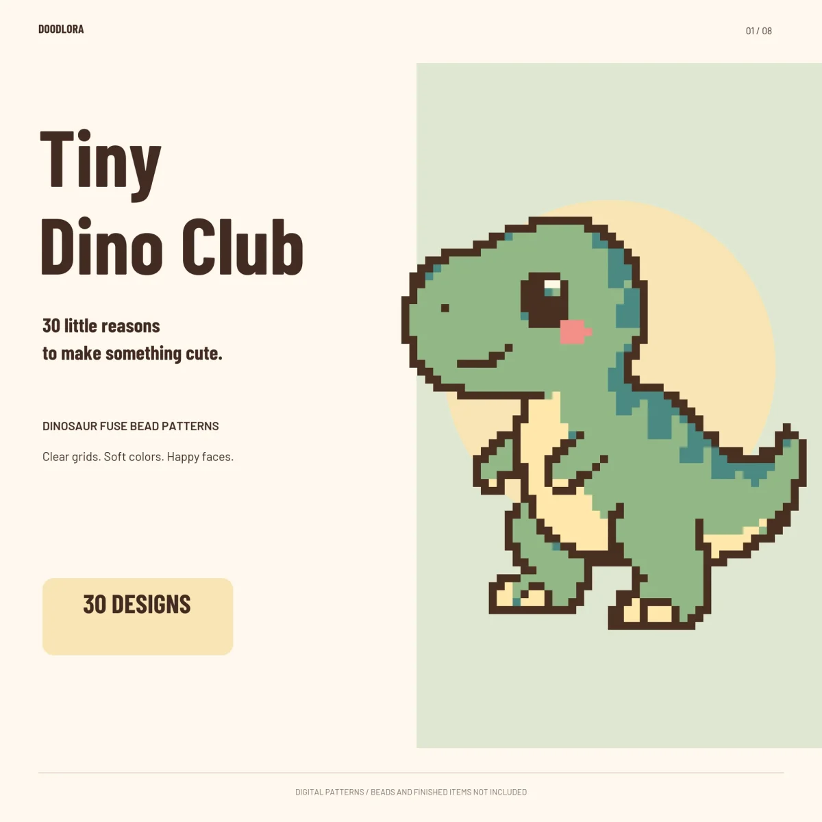 A mint green pixel T. rex with a pink cheek standing in front of a pale yellow circle